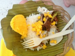 Enjoying our local filipino lunch: pork, rice, mangos and fresh fish